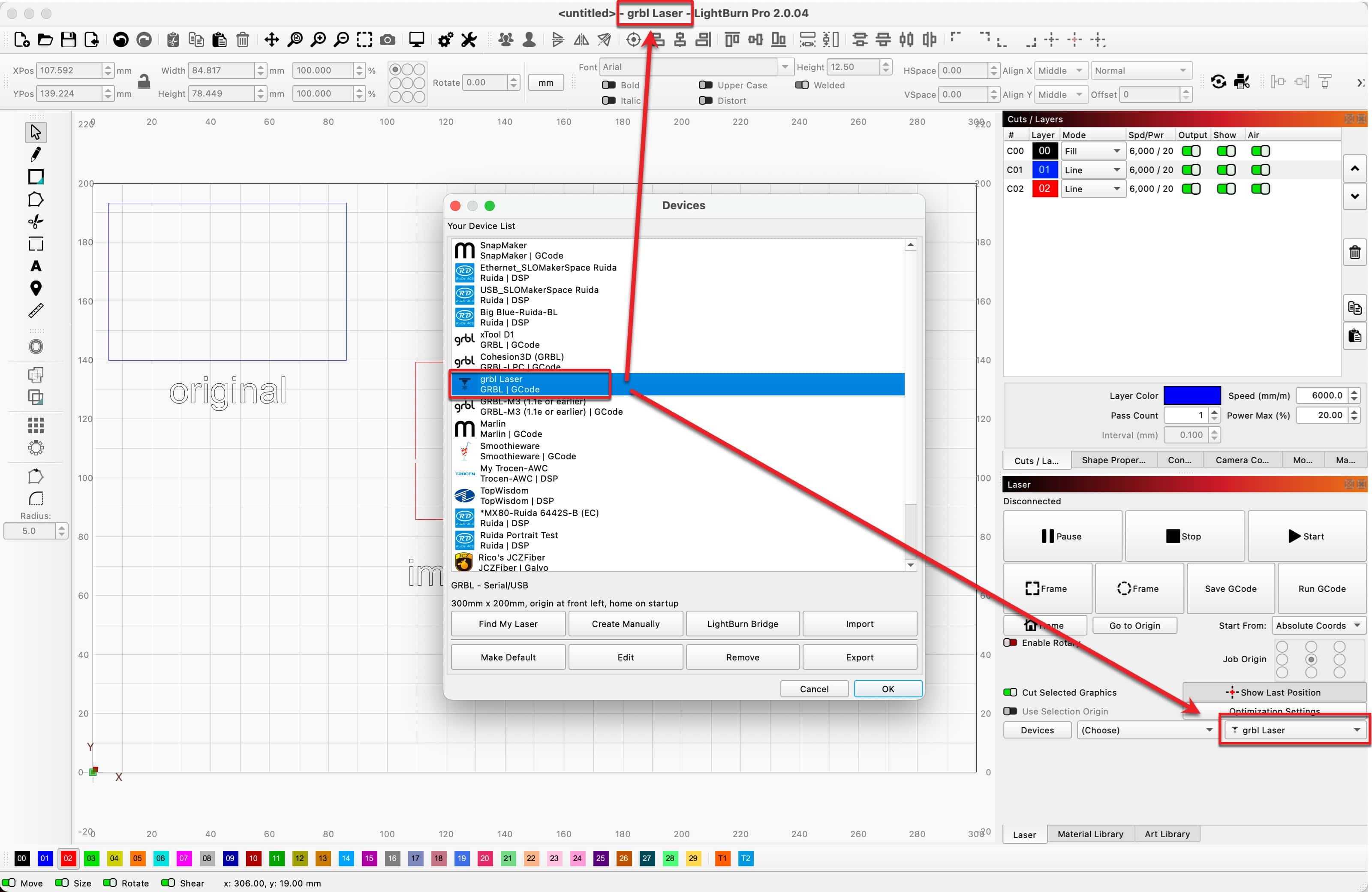 Interface de LightBurn